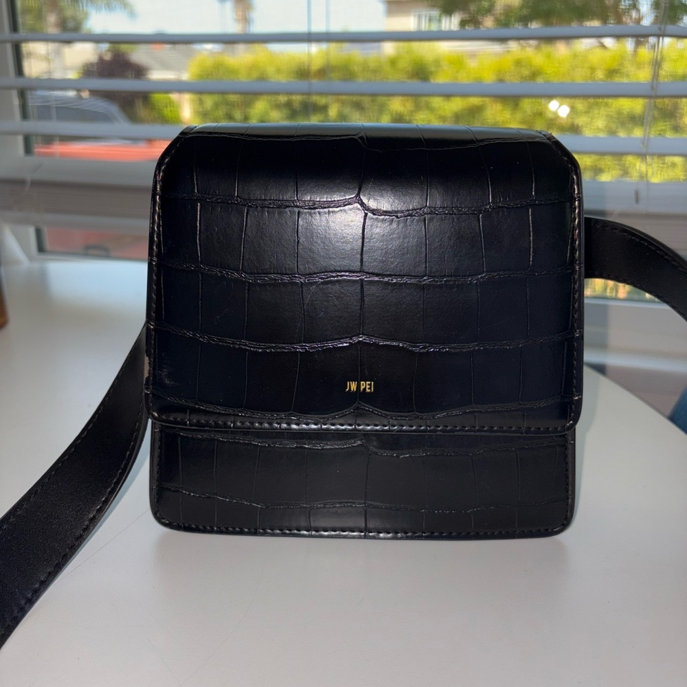 JW PEI Black Croc-Embossed Messenger Bag